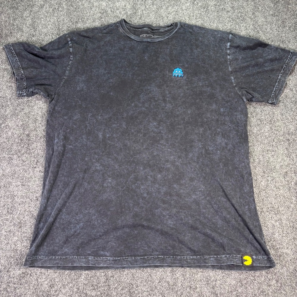 Pac-Man Graphic T-Shirt Mens XL Black Acid Wash Embroidered Ghost Retro Gaming